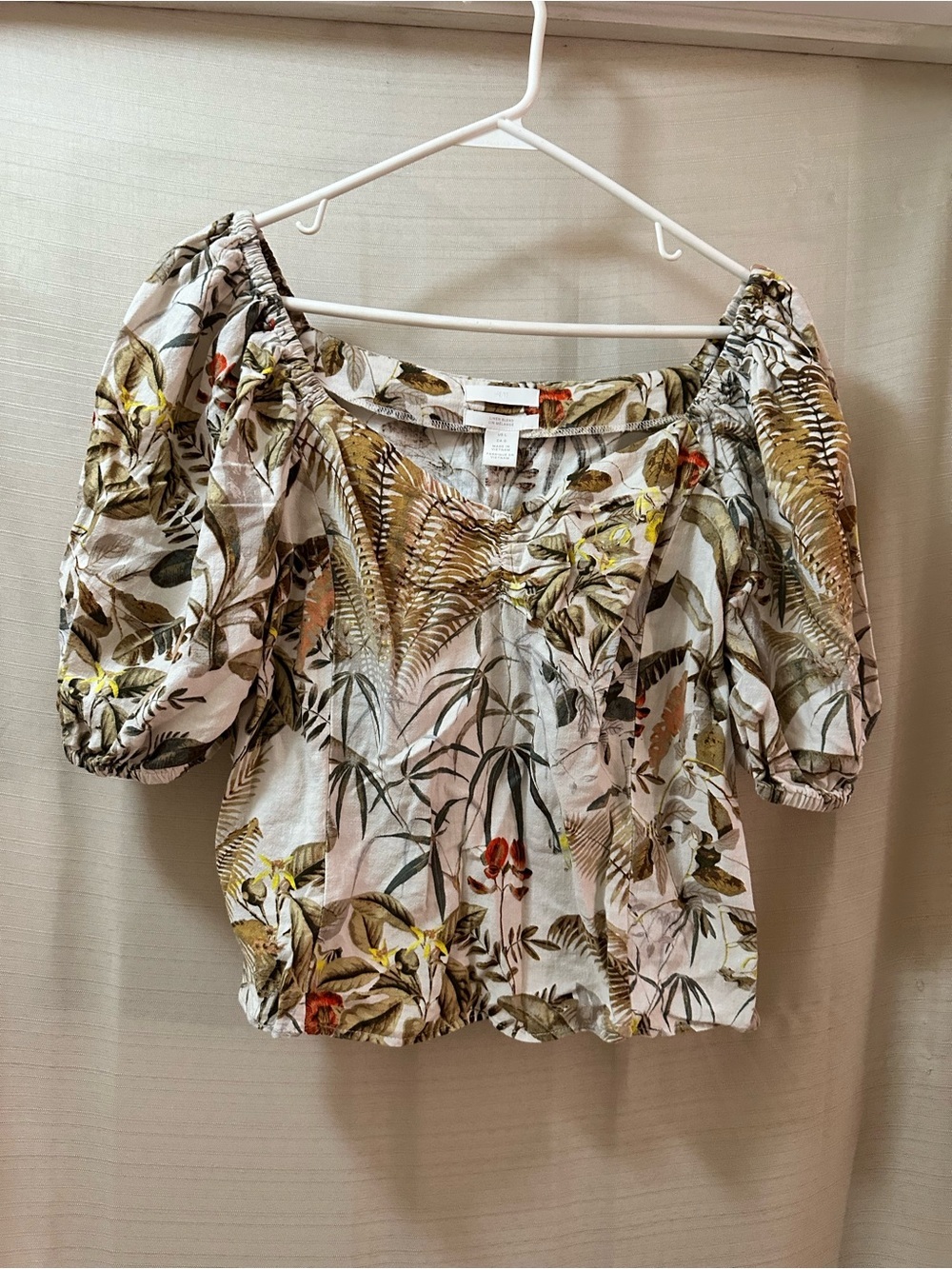H&M BOGO Linen Blend Tropical Puff Sleeve Crop Top Botanical Cottagecore L ⚫️